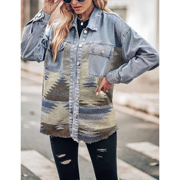 Women's Aztec Denim Jacket Distressed Long Sleeve Button Down Shacket - Picture 2 of 7